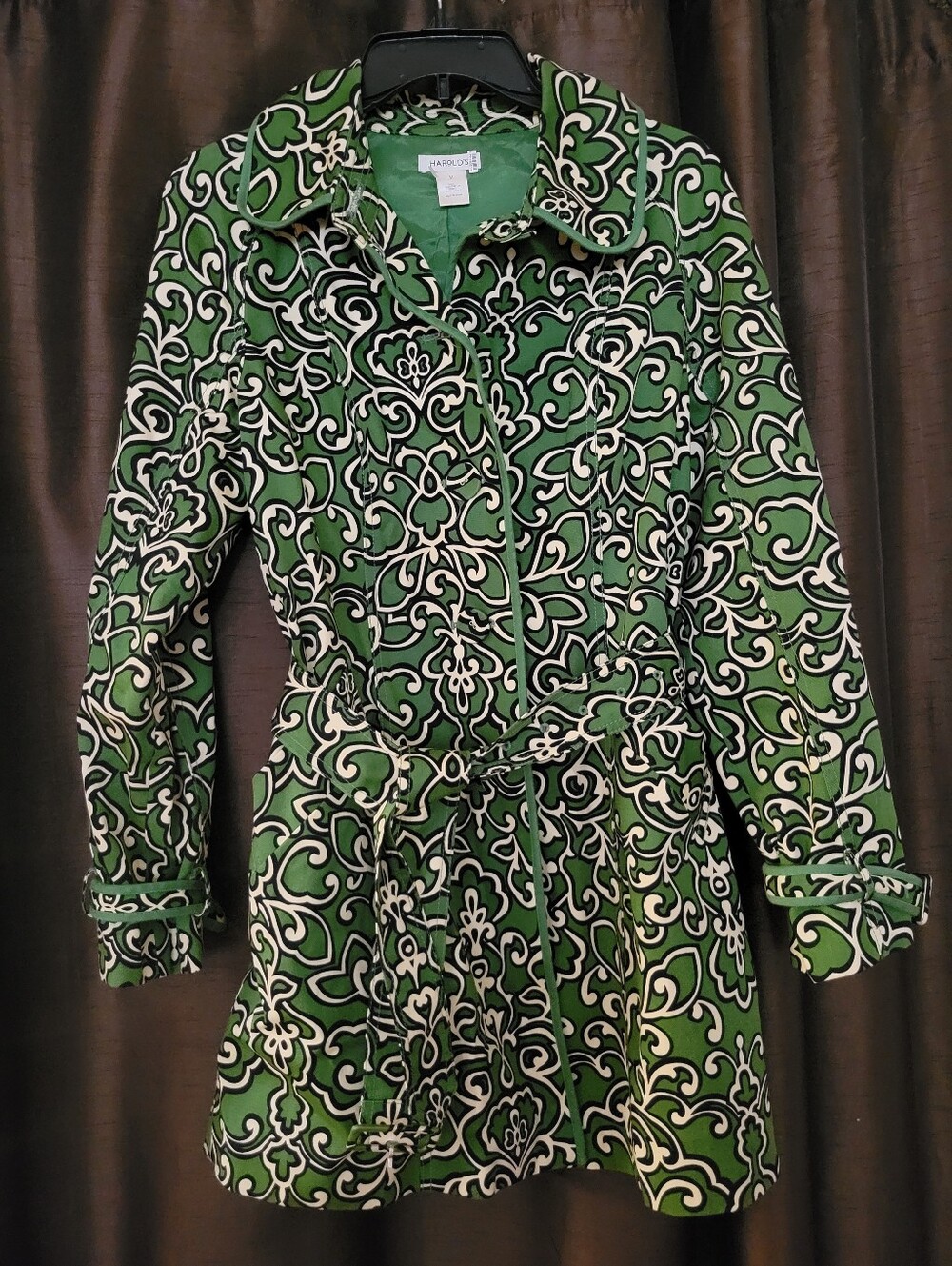Harold's Green and White Patterned Belted Trench Coat